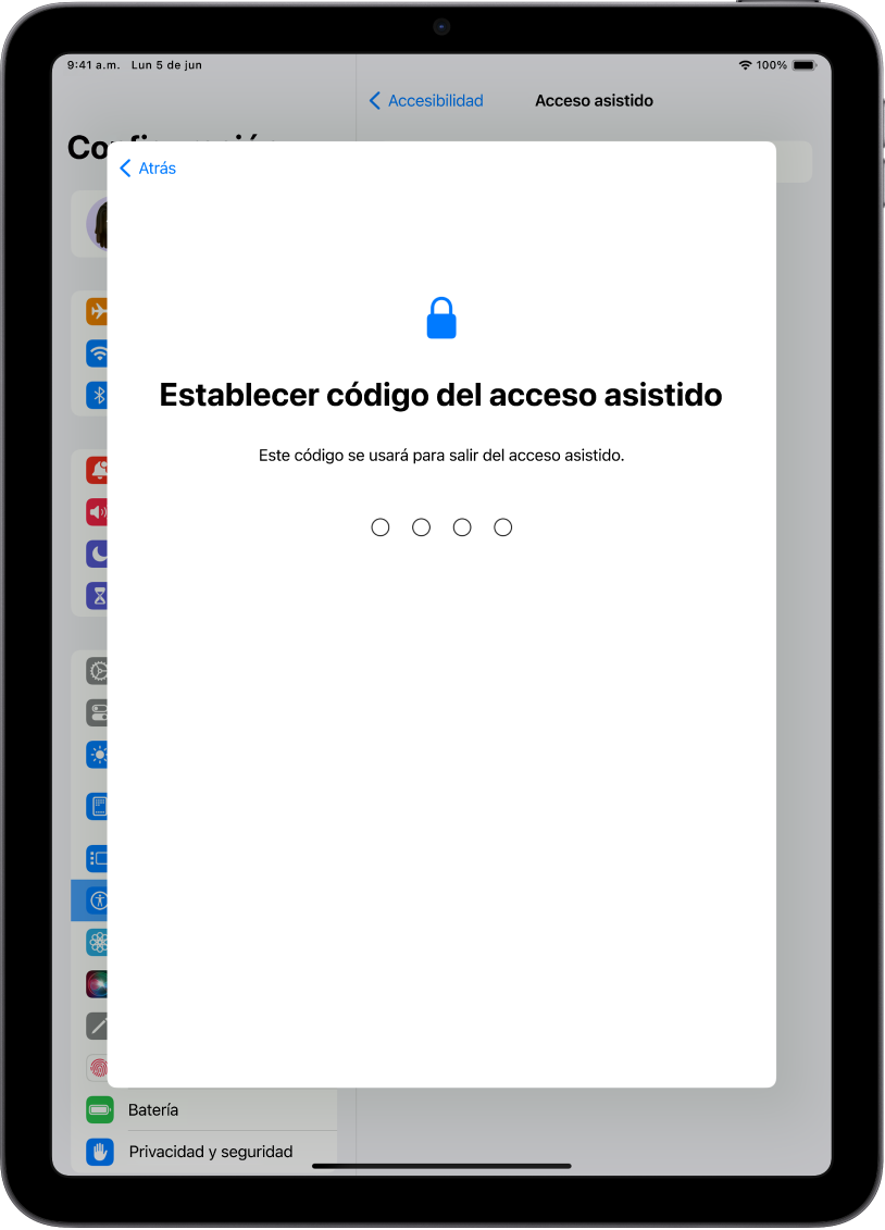 Un iPad mostrando la pantalla para establecer el código que se usa al entrar y salir del acceso asistido.