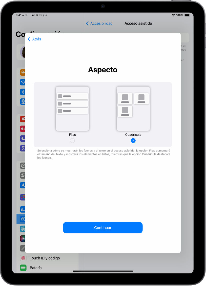 Un iPad que se está configurando para el acceso asistido, con opciones para mostrar el contenido en listas fáciles de leer o en una cuadrícula grande que destaca las imágenes y los íconos.