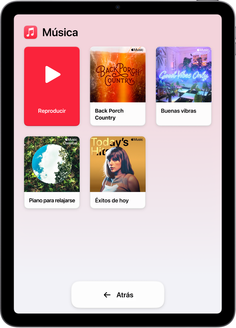 Un iPad en acceso asistido con la app Música abierta. El botón Reproducir está en la esquina superior izquierda de la pantalla, y el botón Atrás en la parte inferior. El centro de la pantalla muestra una cuadrícula grande con las playlists.