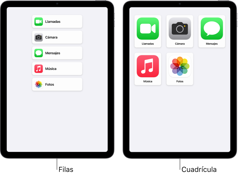 Dos iPad en el modo de acceso asistido. Uno muestra la pantalla de inicio con las apps en una fila. El otro muestra las apps con un tamaño más grande en una cuadrícula.