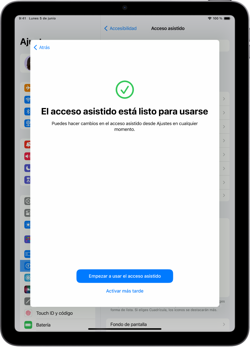 iPad que muestra que el acceso asistido está listo para usar con un botón en la parte inferior para activar el acceso asistido.