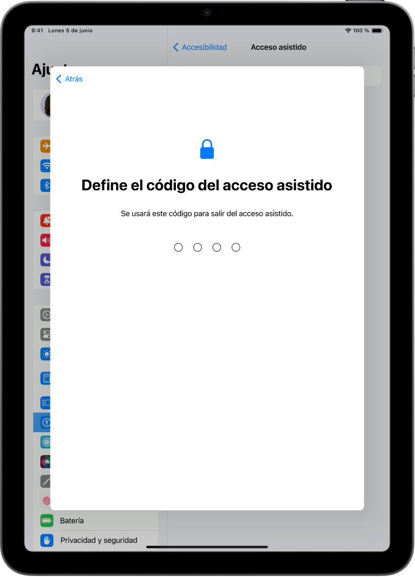 iPad con la pantalla para configurar el código del acceso asistido que se usa para activar y desactivar el acceso asistido.