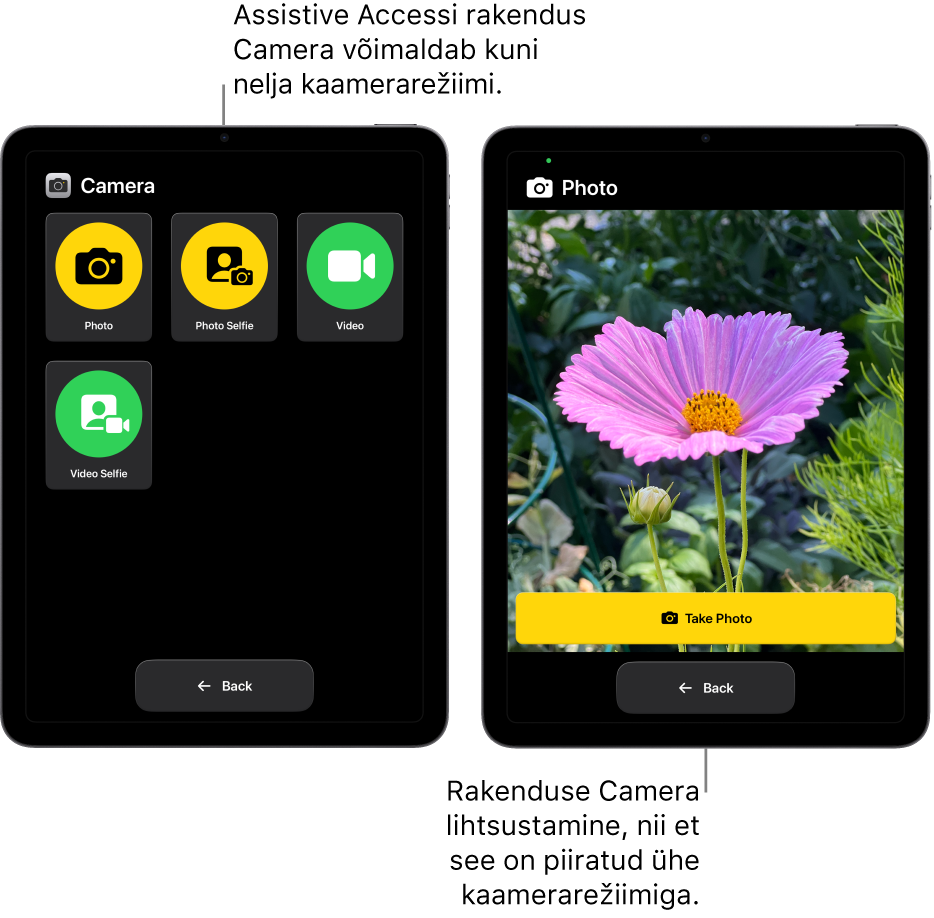 Kaks iPadi, milles kasutatakse Assistive Accessi. Ühes iPadis on rakendus Camera selliste kasutaja valitavate kaamerarežiimidega nagu Video või Photo Selfie. Teises iPadis on rakendus Camera ainult ühe fotode tegemise režiimiga.