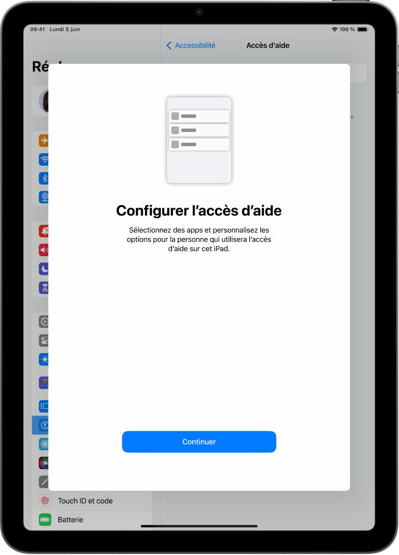 Un iPad affichant l’écran de configuration d’Accès d’aide avec le bouton Continuer en bas.