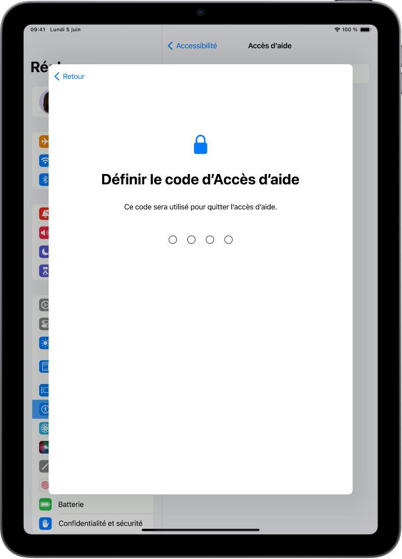 Un iPad présentant l’écran de configuration du code Accès d’aide qui sert à activer et à quitter la fonctionnalité Accès d’aide.