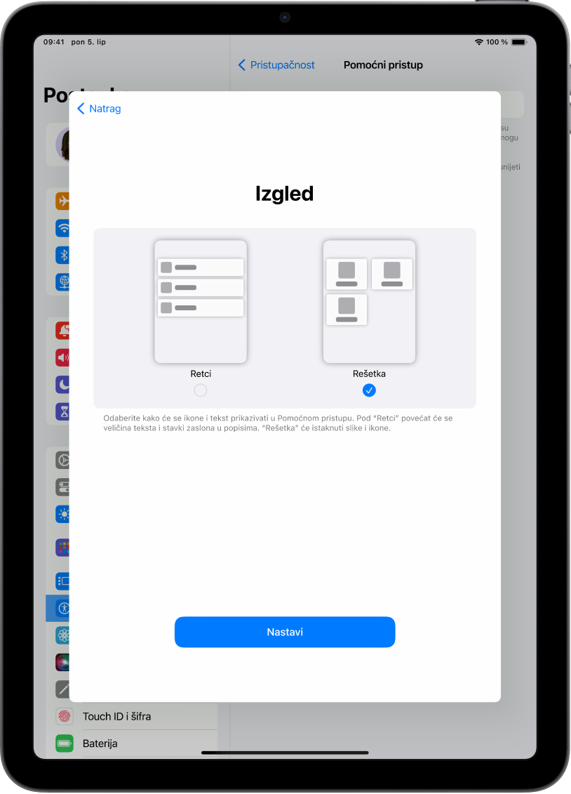 iPad se podešava za Pomoćni pristup, s izborom za prikaz sadržaja u lako čitljivim popisima ili u velikoj rešetki koja naglašava slike i ikone.