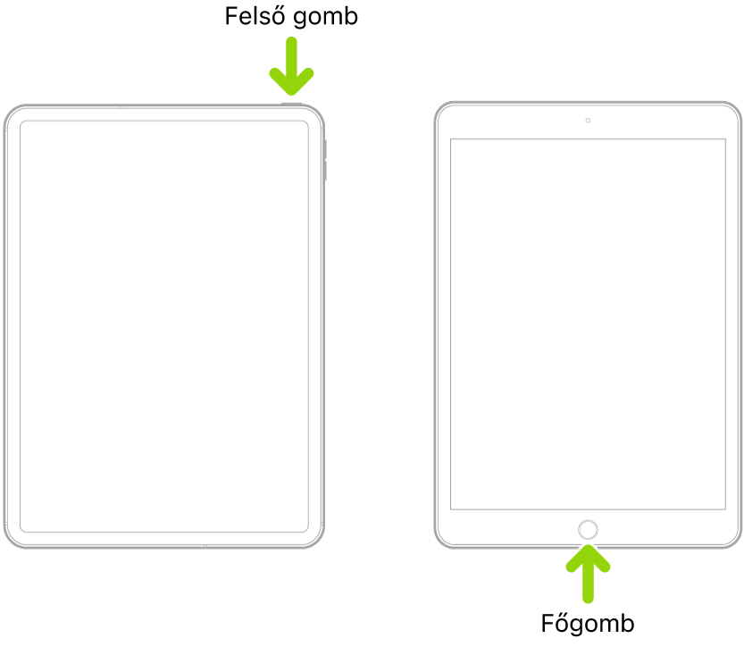 Két iPad, amelyek közül az egyik egy felső gombbal rendelkezik, és nem található rajta Főgomb, a másik pedig egy Főgombbal rendelkezik. Az egyes gombok helyét nyíl mutatja.