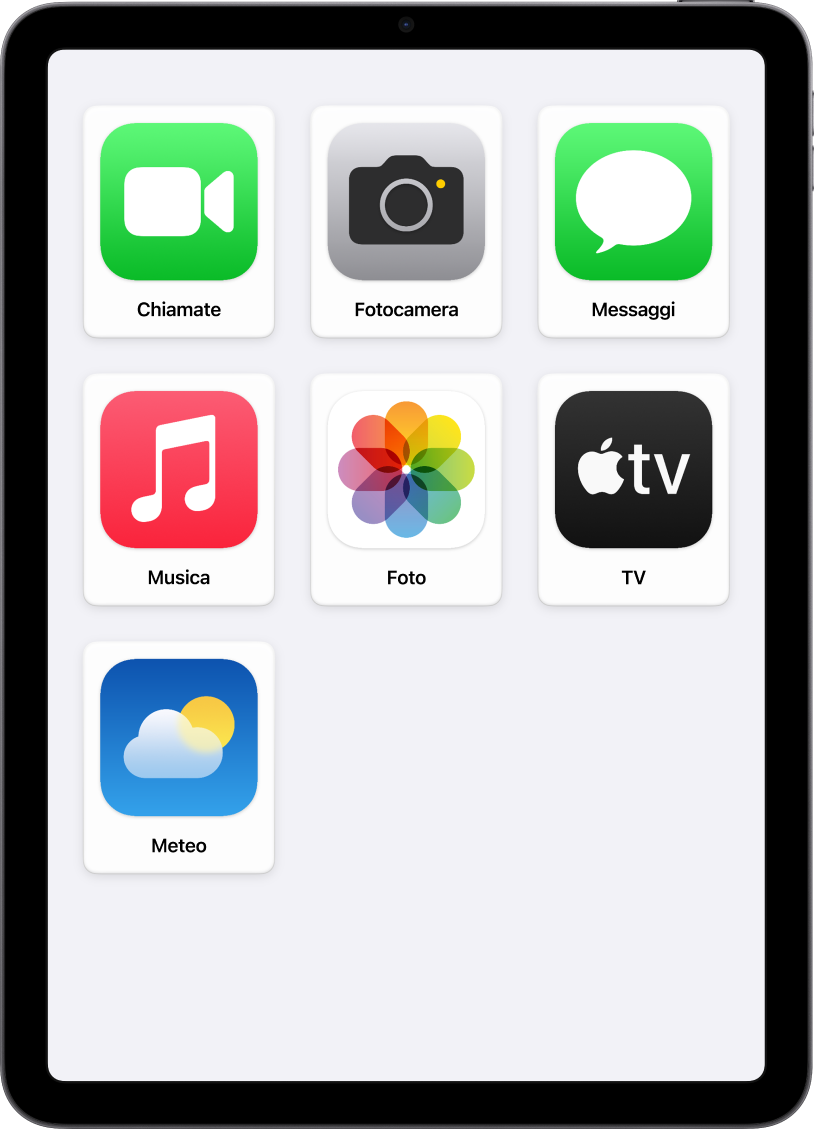 Su un iPad viene mostrata la schermata iniziale di “Accesso assistito” con molte icone delle app e i loro nomi disposti in un ampio layout a griglia.