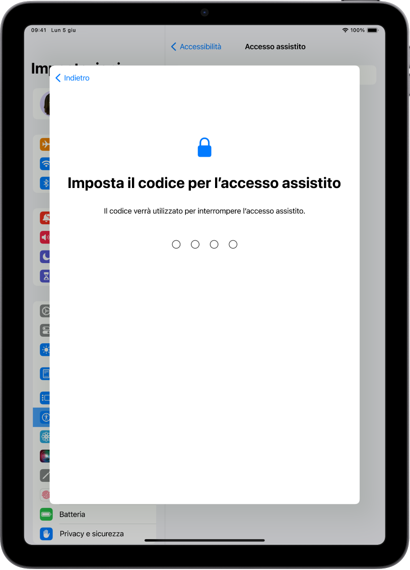 Un iPad che mostra la schermata di configurazione del codice di Accesso assistito che viene usato per avviare e interrompere la funzionalità.