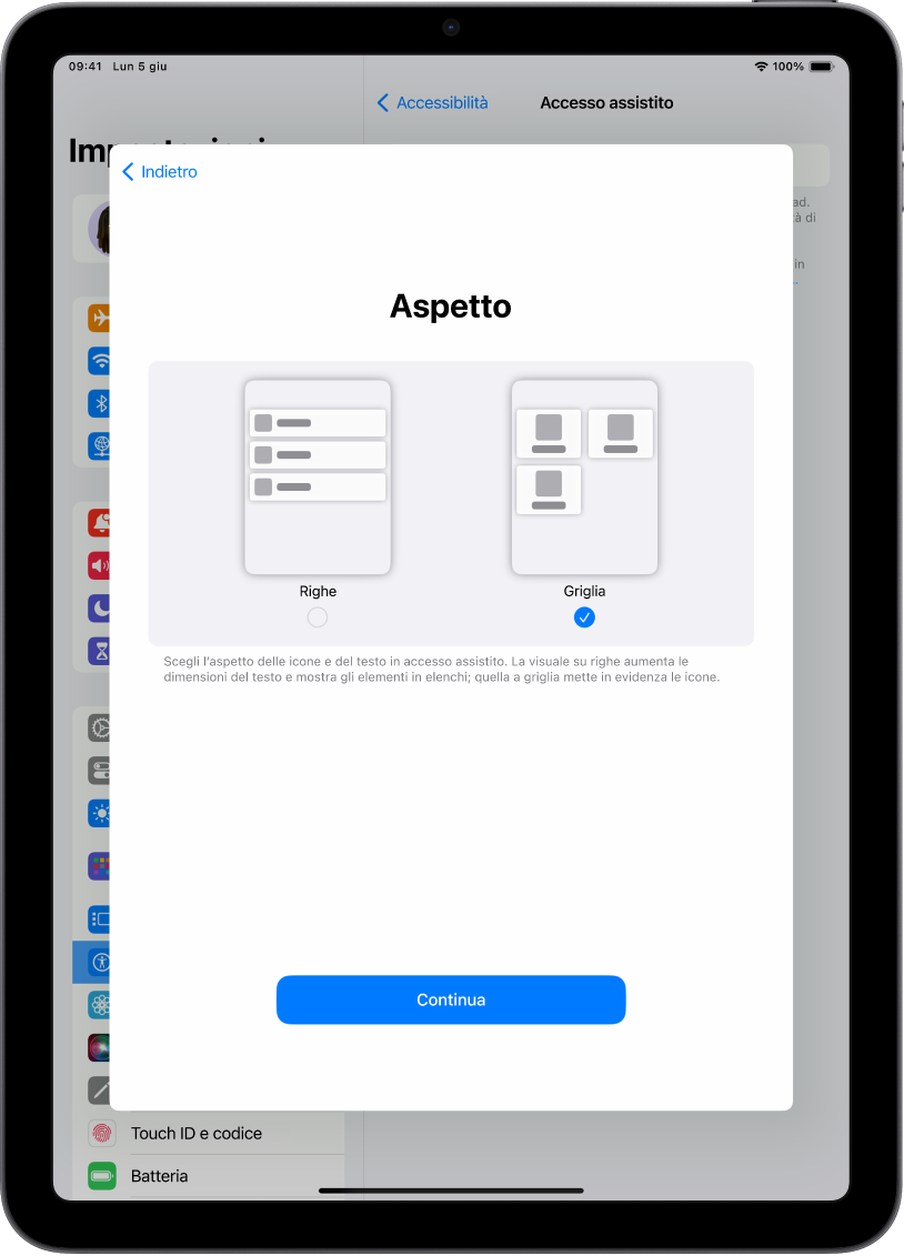 La configurazione di “Accesso assistito” su iPad, con scelte per mostrare i contenuti in elenchi di facile lettura o in un layout a griglia di grandi dimensioni che mette in evidenza immagini e icone.
