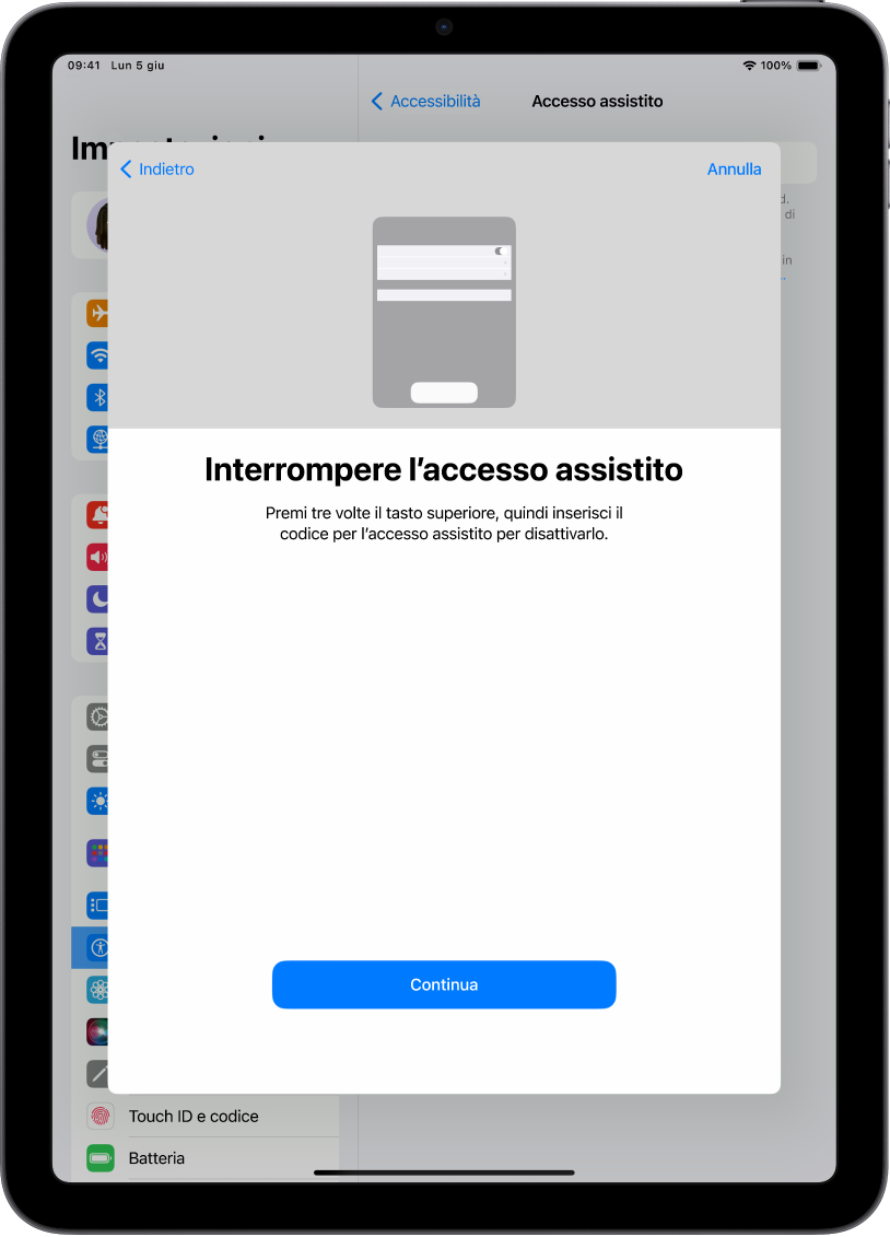 Una schermata di iPad che spiega come interrompere “Accesso assistito”.