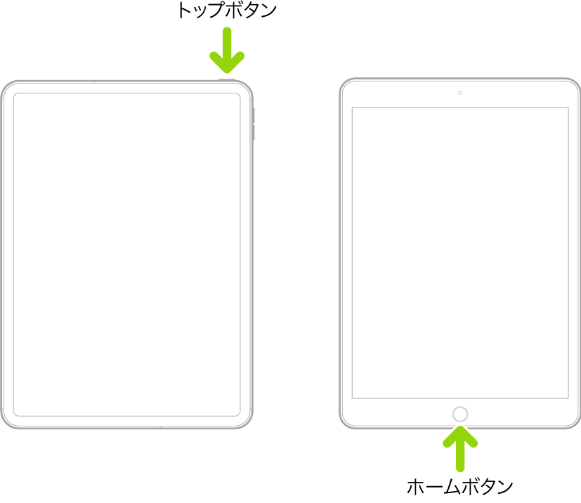 2台のiPad。トップボタンがあってホームボタンがないiPadと、ホームボタンのあるiPadがあります。各ボタンの位置を示した矢印があります。