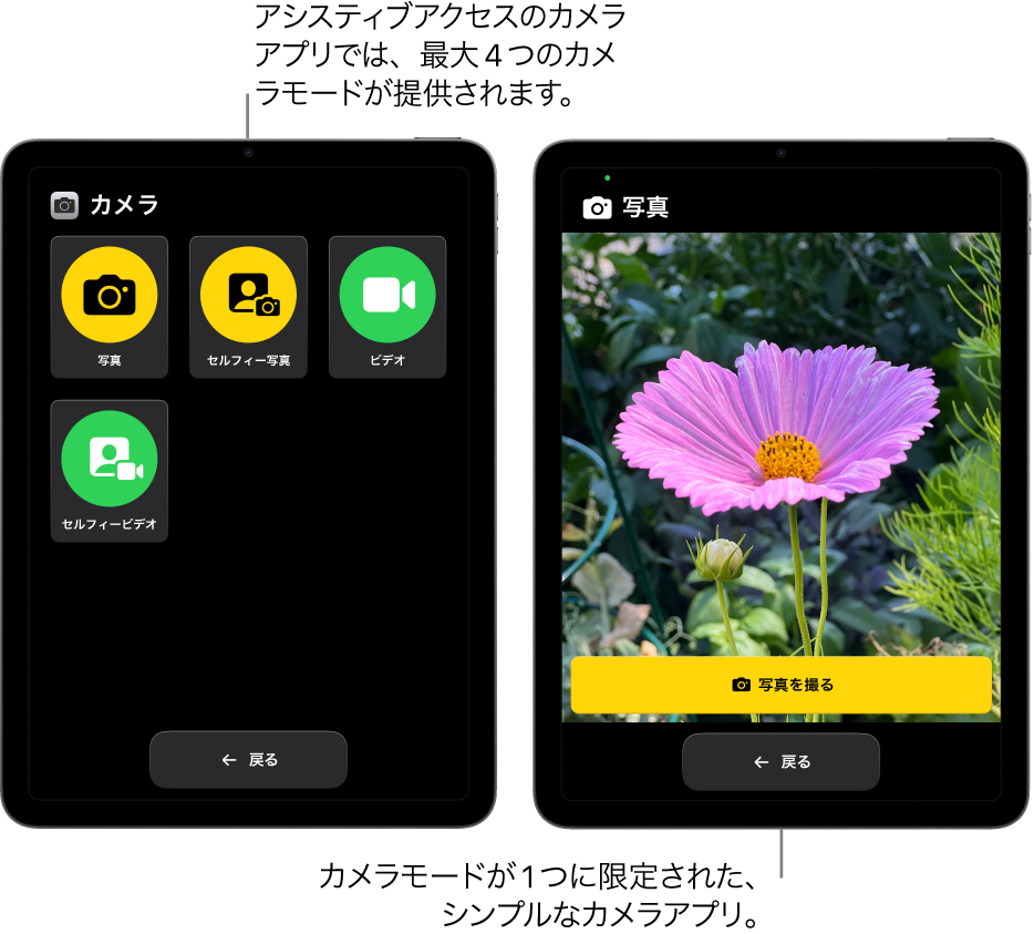 アシスティブアクセスを使用している2台のiPad。一方のiPadにはカメラアプリが表示されていて、ユーザは「ビデオ」や「セルフィー写真」などのカメラモードを選択できます。もう一方のiPadには、1枚ずつ写真を撮影するモードのカメラアプリが表示されています。