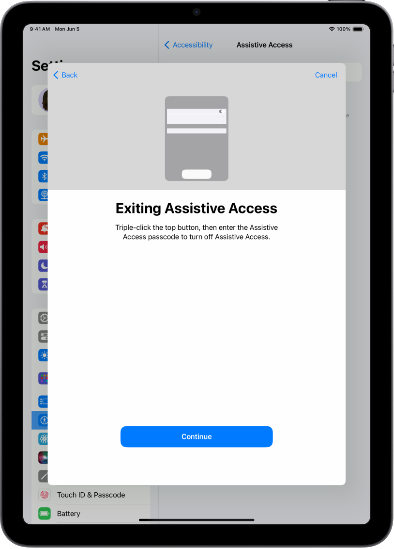 „iPad“ ekrane paaiškinta, kaip išjungti „Assistive Access“.