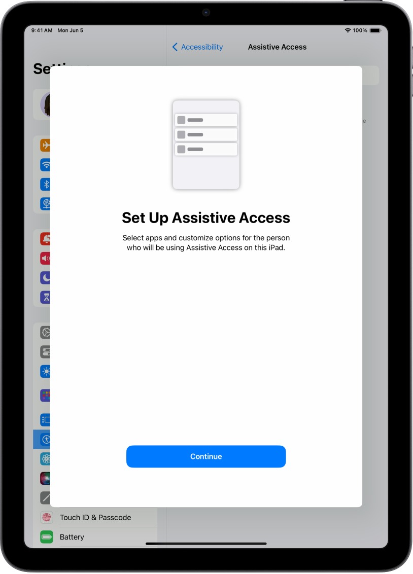 iPad ierīce, kurā redzams Assistive Access iestatīšanas ekrāns ar pogu Continue apakšā.
