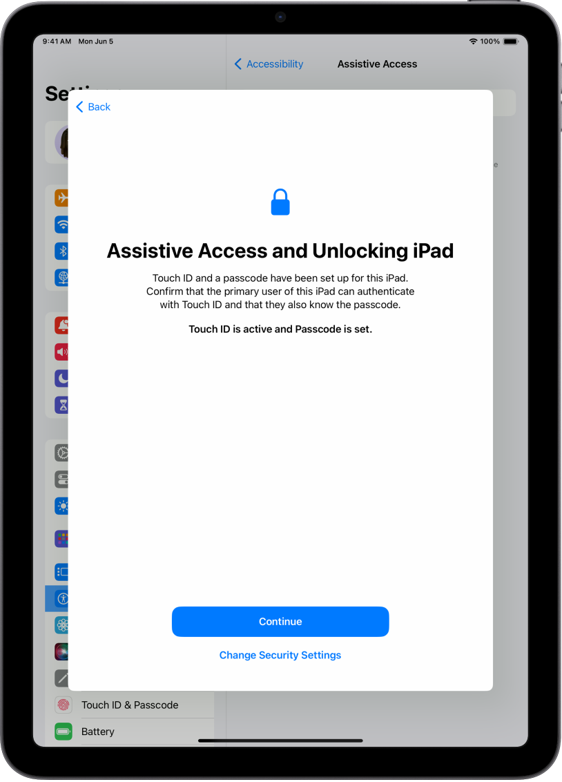 iPad ierīce ar ekrānu, kurā lūgts uzticamam palīdzības sniedzējam apstiprināt, ka persona, kura izmanto ierīci, zina ierīces piekļuves kodu.