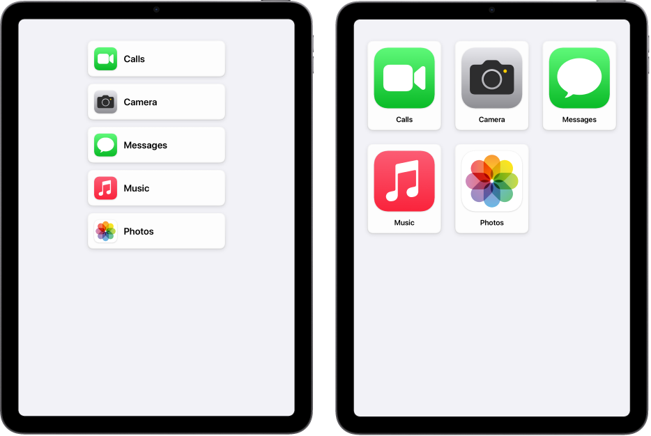 Divas iPad ierīces ar aktivizētu funkciju Assistive Access. Vienā redzams sākuma ekrāns ar lietotnēm, kas norādītas rindā. Otrā redzamas lielas lietotnes režģī.