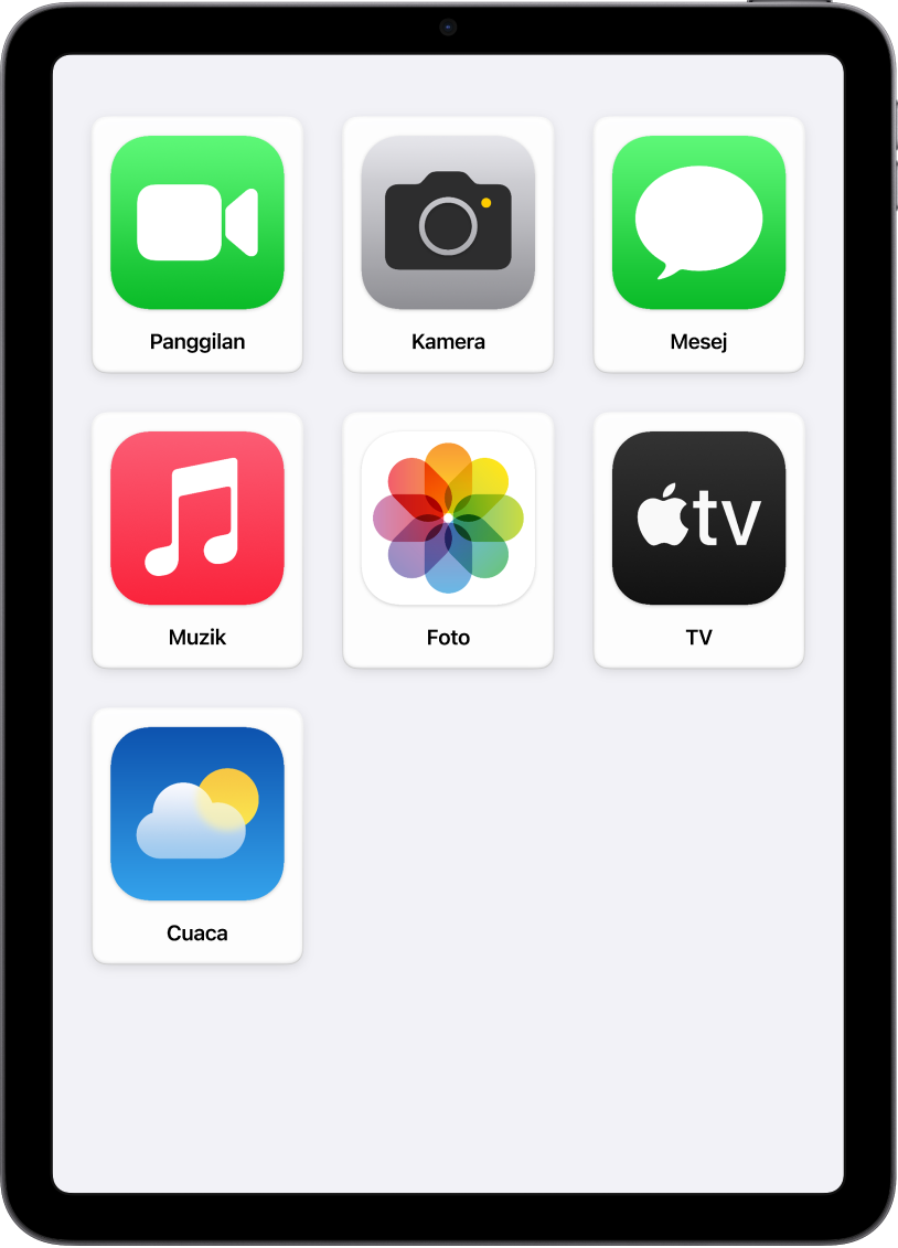 iPad menunjukkan Skrin Utama Akses Bantu dengan grid besar ikon app dan namanya.