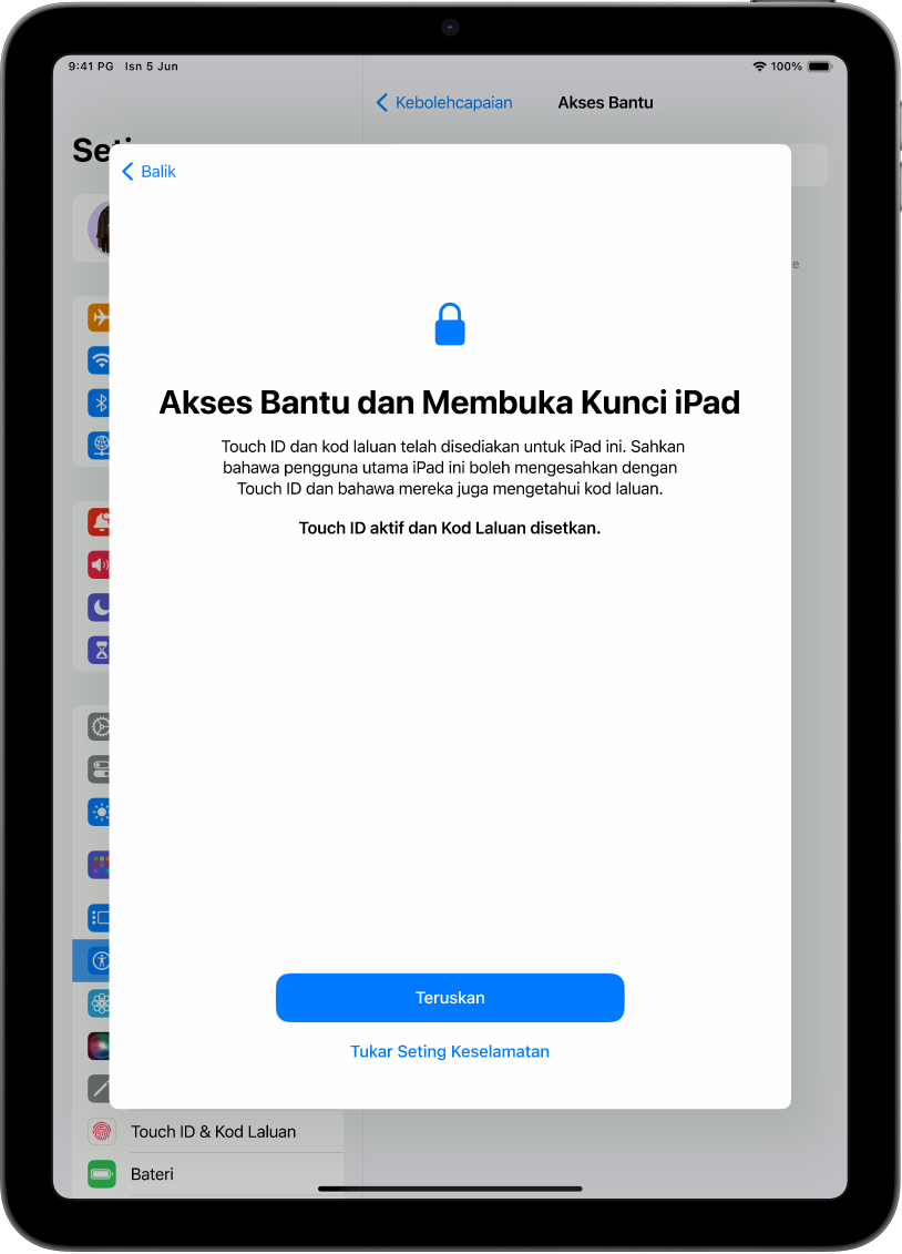 iPad dengan skrin yang meminta penyokong yang dipercayai untuk mengesahkan orang yang menggunakan peranti tahu kod laluan peranti.
