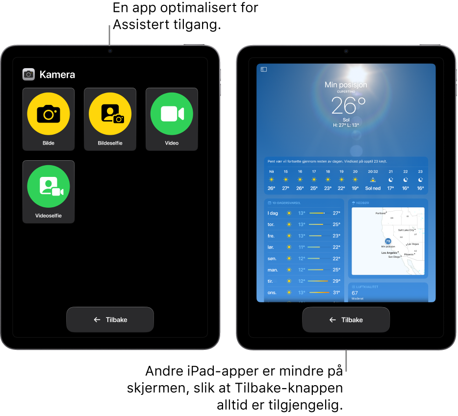 To iPader i Assistert tilgang. Én iPad viser en app som er utviklet for Assistert tilgang, med et stort rutenett med knapper. Den andre iPaden viser en app som ikke er utviklet for Assistert tilgang, og som er i sin opprinnelige design. Appen er mindre på skjermen, med en stor Tilbake-knapp nederst.