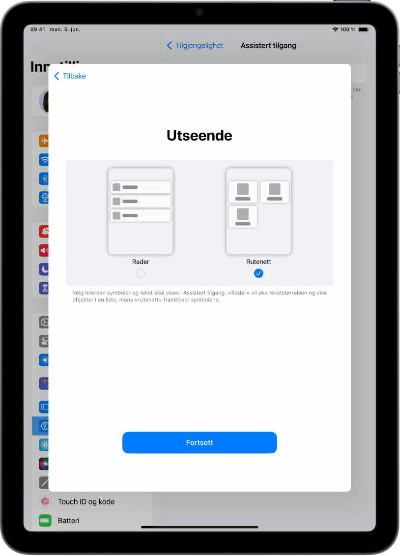 En iPad konfigureres for Assistert tilgang med valg for visning av innhold i lettleste lister eller i et stort rutenett som framhever bilder og symboler.
