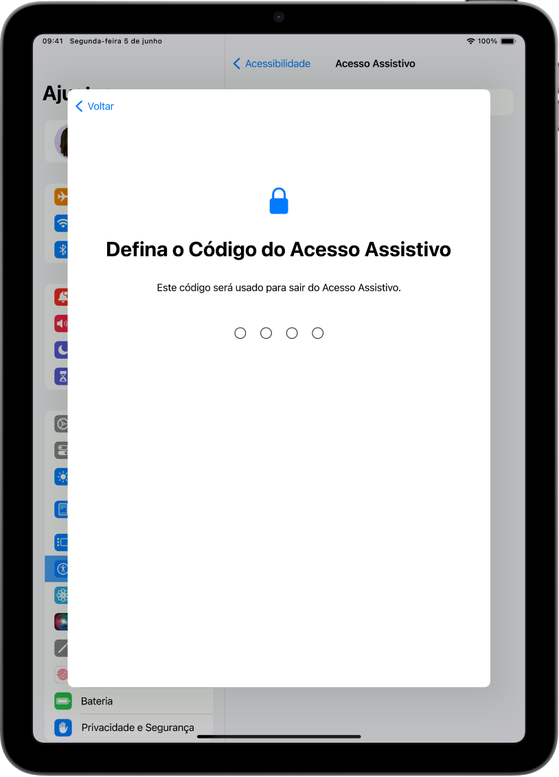 iPad mostrando a tela de definição do código usado para entrar e sair do Acesso Assistivo.
