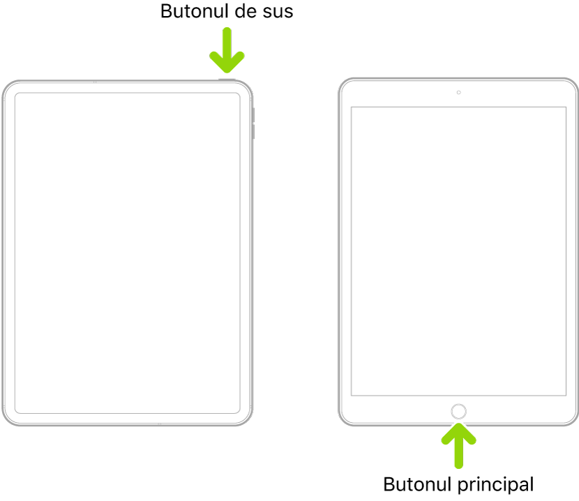 Două dispozitive iPad, unul cu buton de sus și fără buton principal și unul cu buton principal. Săgeata indică localizarea fiecărui buton.
