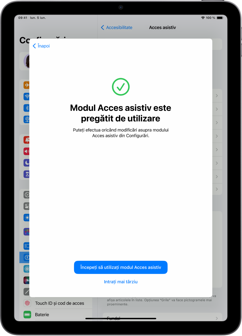 Un iPad afișând informația că modul Acces asistiv este gata de utilizare, cu un buton în partea de jos pentru intrarea în modul Acces asistiv.