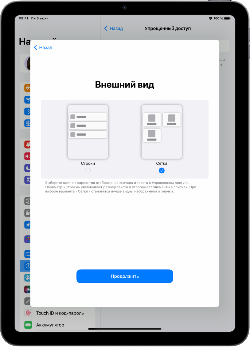 На iPad показана настройка режима Упрощенного доступа. Можно выбрать, как следует отображать контент: в виде легко читаемого списка или крупной сетки, состоящей из изображений и значков.