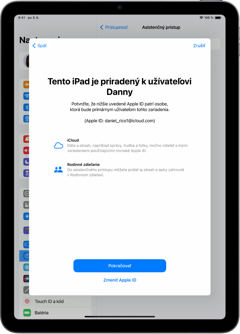 Na iPade sa zobrazuje Apple ID prepojené so zariadením a informácie o iCloude a rodinnom zdieľaní, ktoré možno používať s asistenčným prístupom.