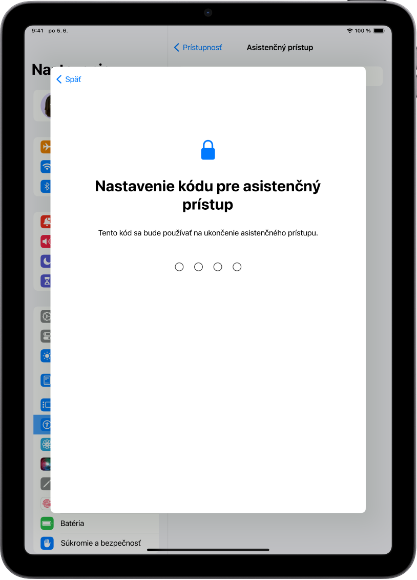 Na iPade sa zobrazuje obrazovka na nastavenie kódu asistenčného prístupu, ktorý sa používa na spustenie a ukončenie asistenčného prístupu.