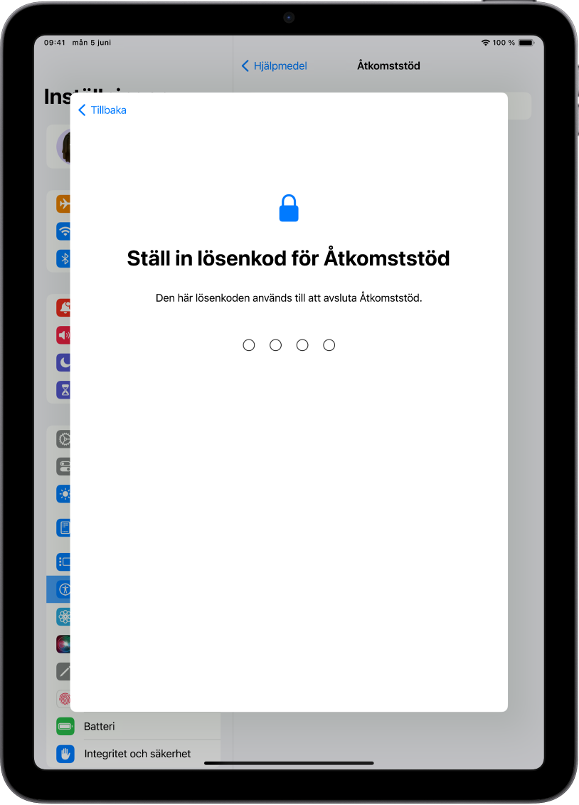 En iPad visar skärmen för att ställa in lösenkoden för Åtkomststöd som används till att öppna och avsluta Åtkomststöd.