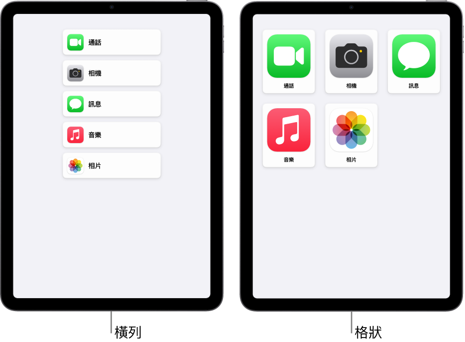 兩部處於「輔助取用」的 iPad。一部顯示以橫列列出 App 的主畫面。另一部顯示以格狀排列的較大型 App。