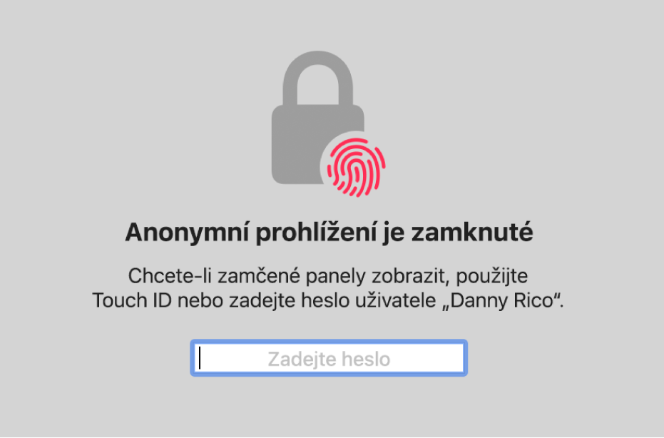 Okno s výzvou k odemknutí oken anonymního prohlížení pomocí Touch ID nebo zadání hesla.