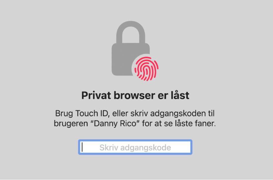 Et vindue med en anmodning om Touch ID eller din adgangskode til at låse vinduer i Privat Browser op.