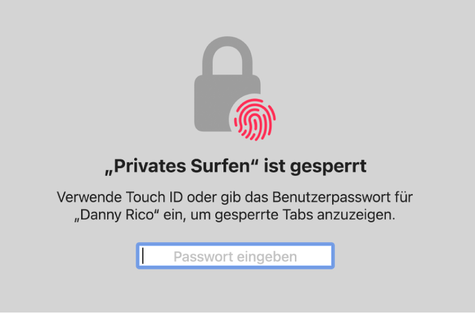 Ein Fenster, das zum Entsperren von Fenstern im Modus „Privates Surfen“ die Touch ID anfordert.