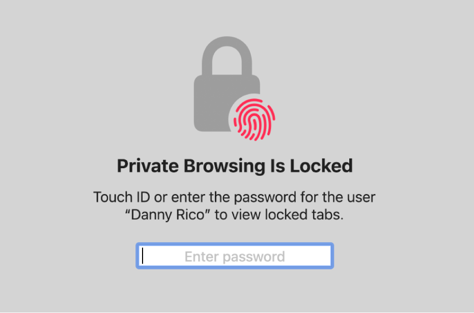 A window asking for Touch ID or your password to unlock Private Browsing windows.