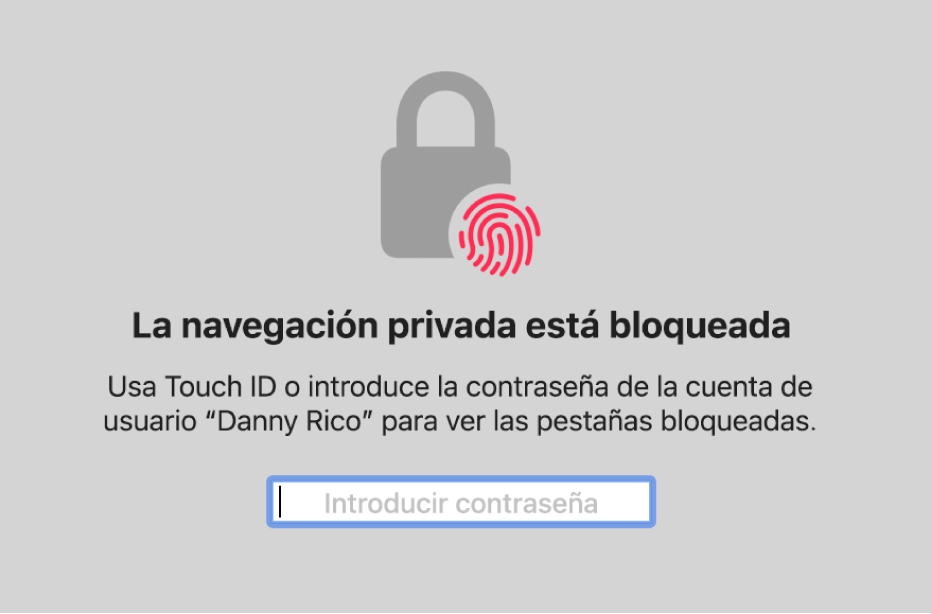 Una ventana que te pide que te identifiques con Touch ID o tu contraseña para desbloquear ventanas de navegación privada.