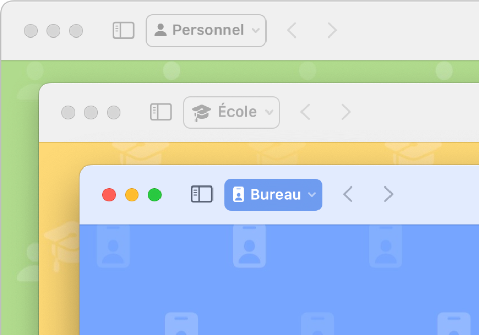 Trois fenêtres de profil Safari : une pour une utilisation personnelle, une pour les études et une pour le travail.