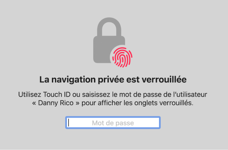 Une fenêtre demandant d’utiliser Touch ID ou votre mot de passe pour déverrouiller les fenêtres de navigation privée.