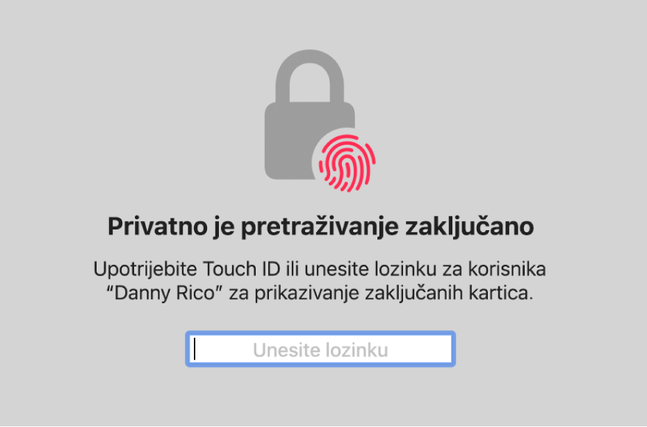 Prozor u kojem se traži Touch ID ili lozinka za otključavanje prozora Privatnog pretraživanja.