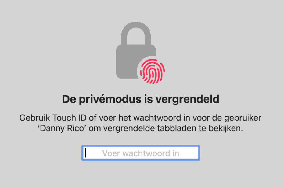 Een venster dat vraagt om Touch ID of je wachtwoord voor het ontgrendelen van privévensters.