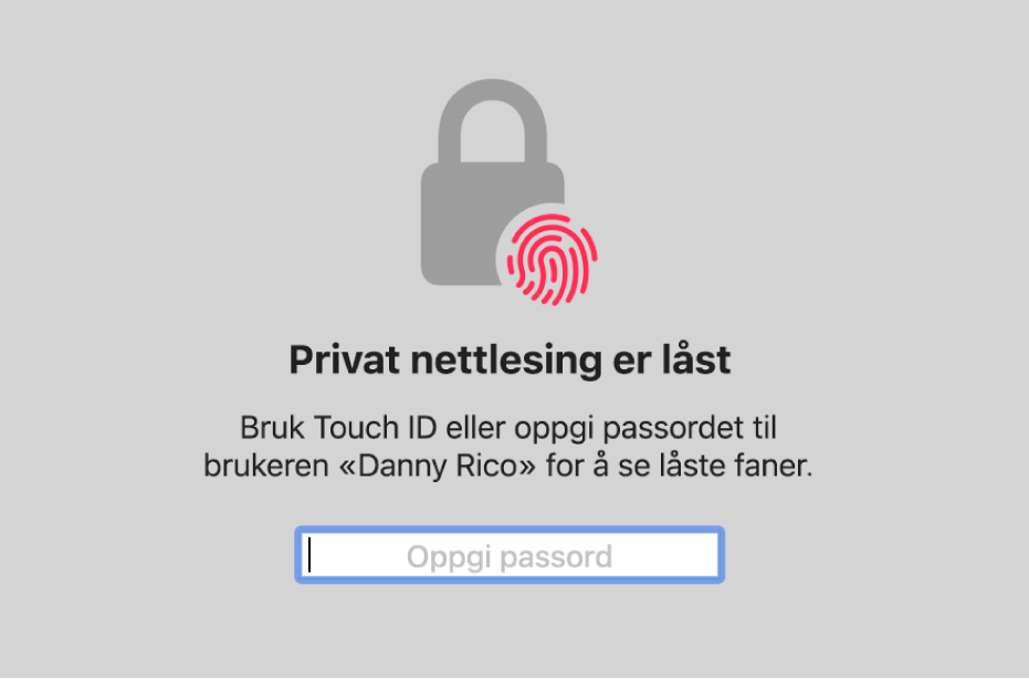 Et vindu der Touch ID eller passord må oppgis for å låse opp faner og vinduer i Privat nettlesing.