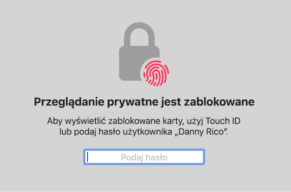 Okno z prośbą o użycie Touch ID lub hasła w celu odblokowania okien przeglądania prywatnego.