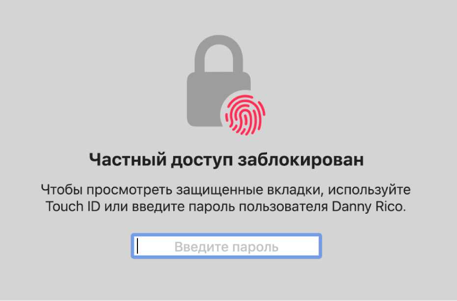 Окно с просьбой использовать Touch ID или ввести пароль для просмотра окон частного доступа.