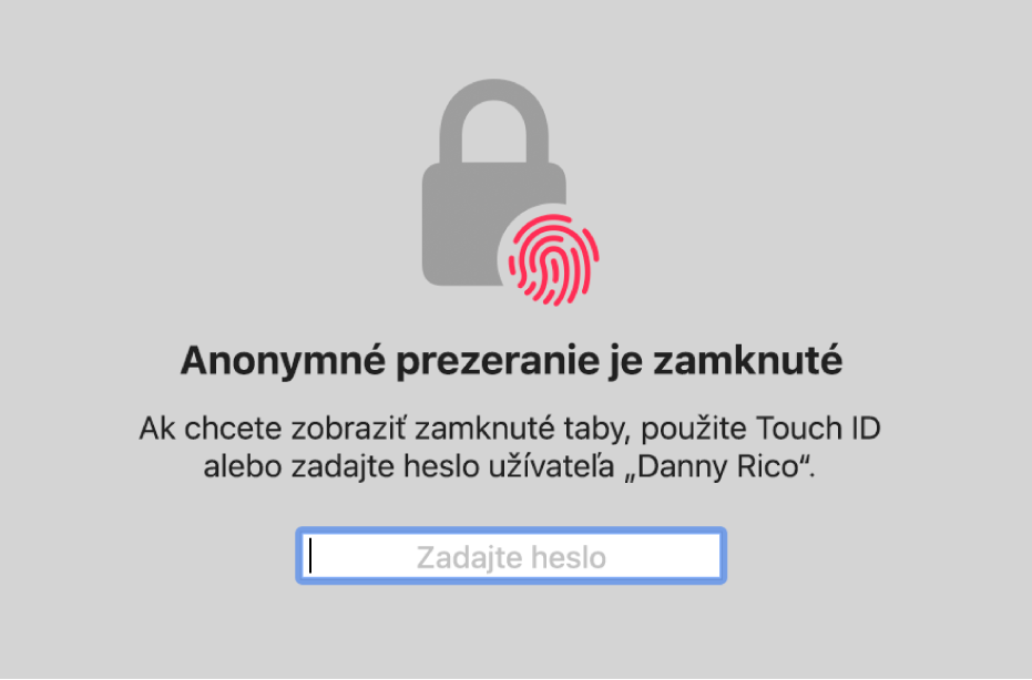 Okno, ktoré žiada Touch ID alebo heslo na odomknutie okien v režime anonymného prezerania.