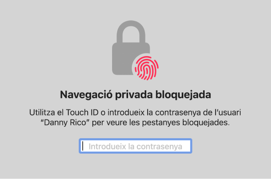 Una finestra demana el Touch ID o la contrasenya per desbloquejar les finestres de navegació privada.