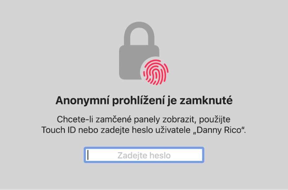 Okno s výzvou k odemknutí oken anonymního prohlížení pomocí Touch ID nebo zadání hesla