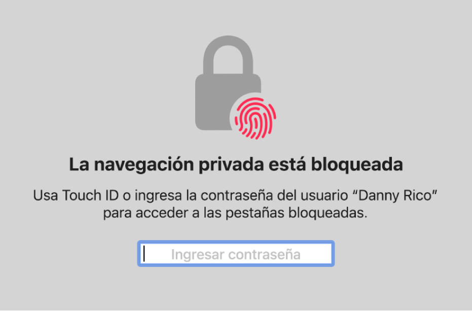 Una ventana pidiendo Touch ID o tu contraseña para desbloquear ventanas de navegación privada.