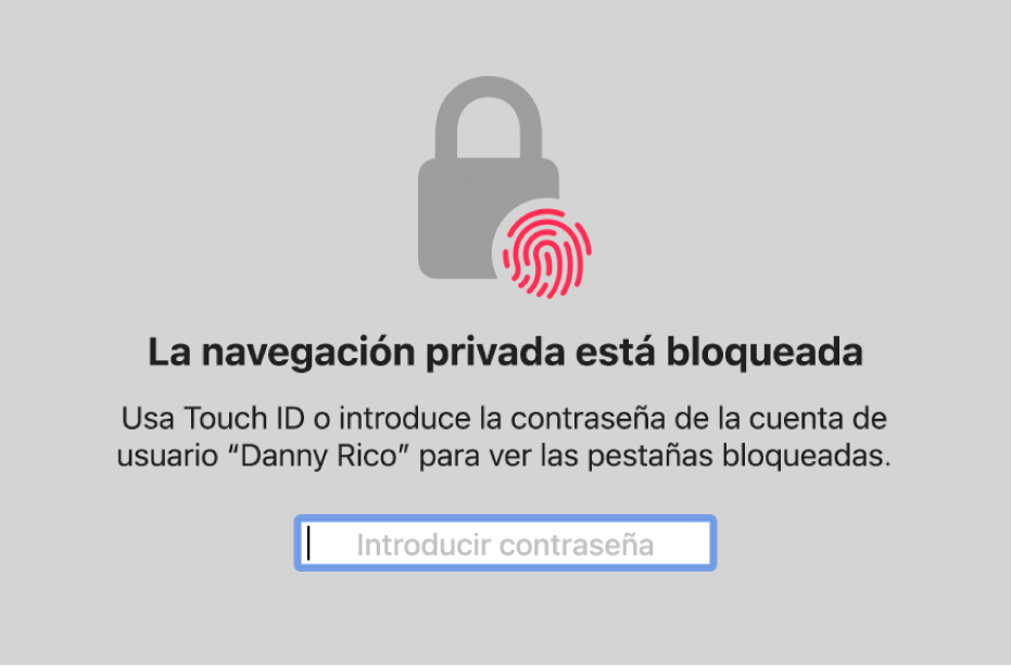 Una ventana que te pide que te identifiques con Touch ID o tu contraseña para desbloquear ventanas de navegación privada.